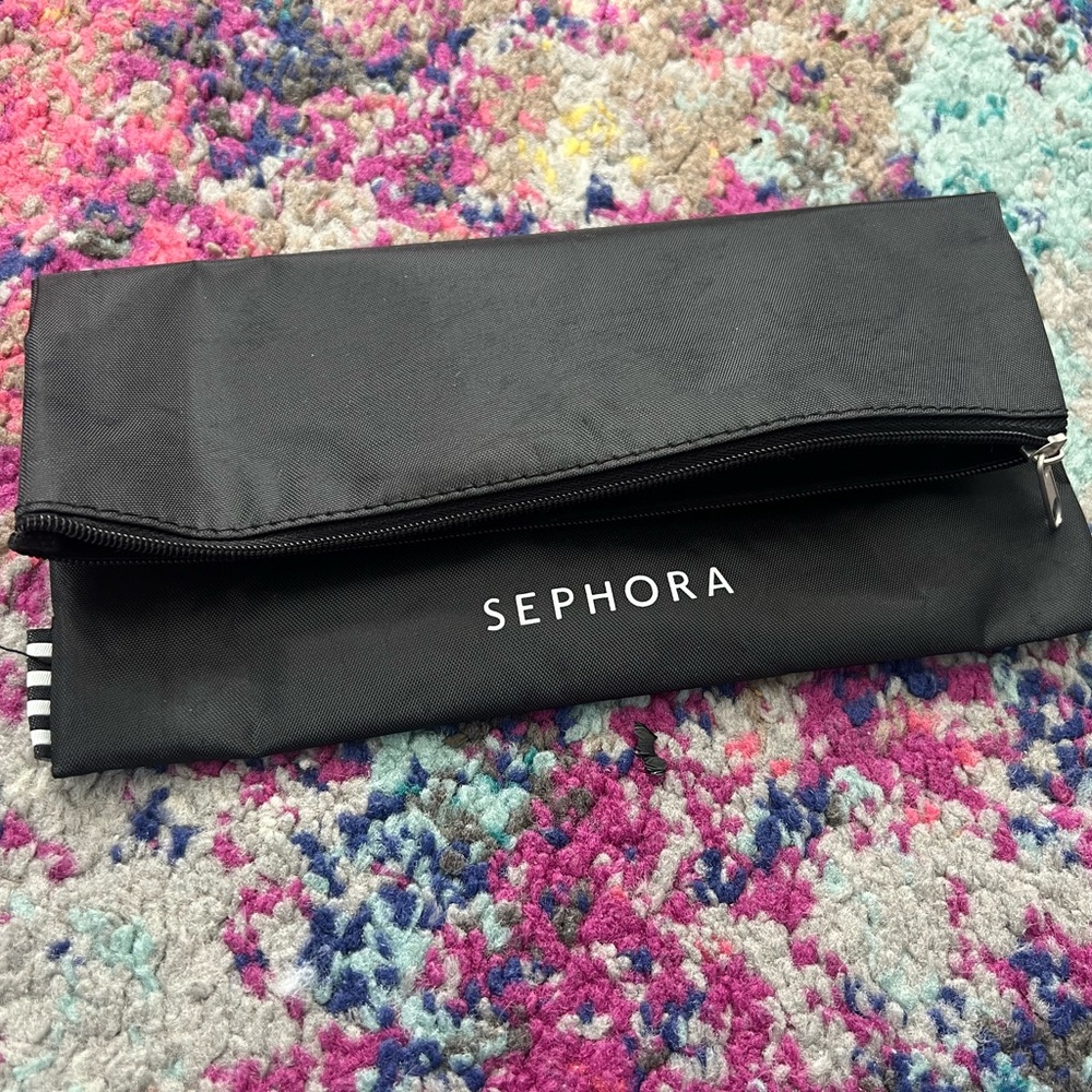 Sephora Black Fold-Top Cosmetic Pouch with White Logo and snap zipper